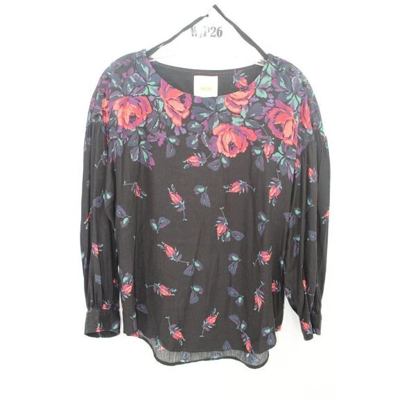 Maeve Long Sleeve Navy Linen Blend Floral Top Small - Picture 1 of 8